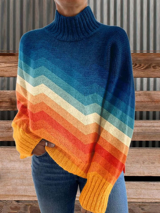 Orange and Blue Stripes Print Knit Turtleneck Pullover Sweater