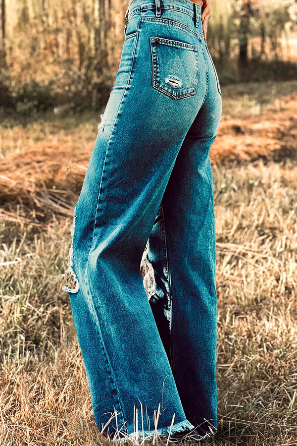 Vintage Wash Distressed Flared Jeans