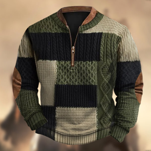 Men's Vintage Wool Kint Patchwork Print Zipper Stand Collar Casual Sweatshirt