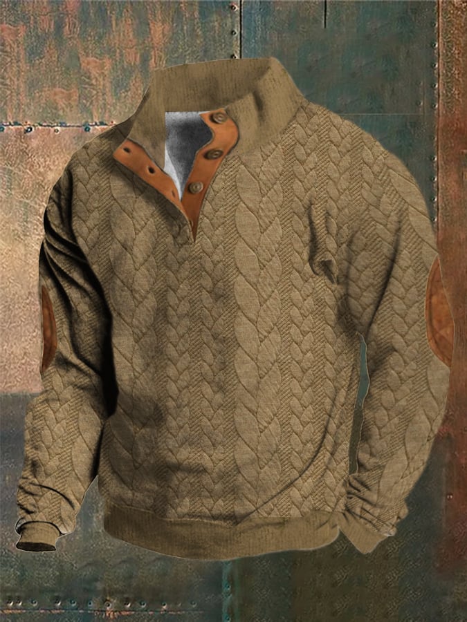 Men's Western Vintage Knitted Jacquard Print Stand Collar Button Sweatshirt