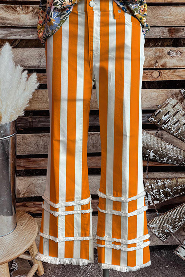 Striped Layered Fringed Hem Game Day Pants