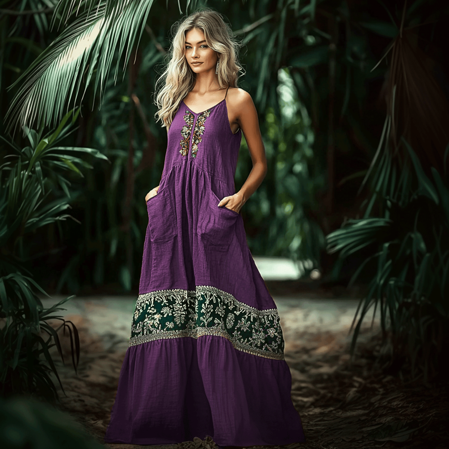 Women's Elegant Ethnic Flower Stitching Oversized Sleeveless Linen Maxi Dress