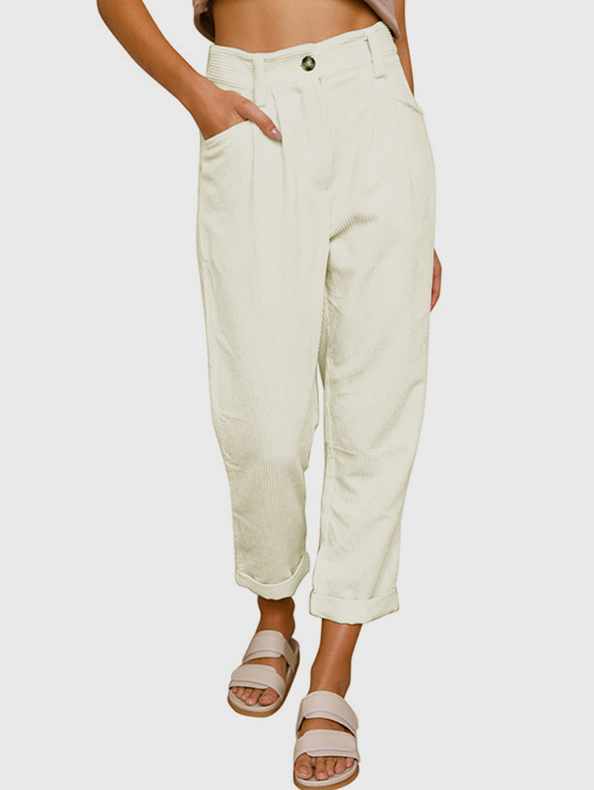 Casual Solid High Waist Pocket Straight Leg Corduroy Pant