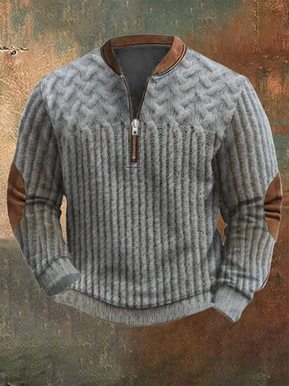 Men's Vintage Western Knit Print Zipper Stand Collar Casual Sweatshirt