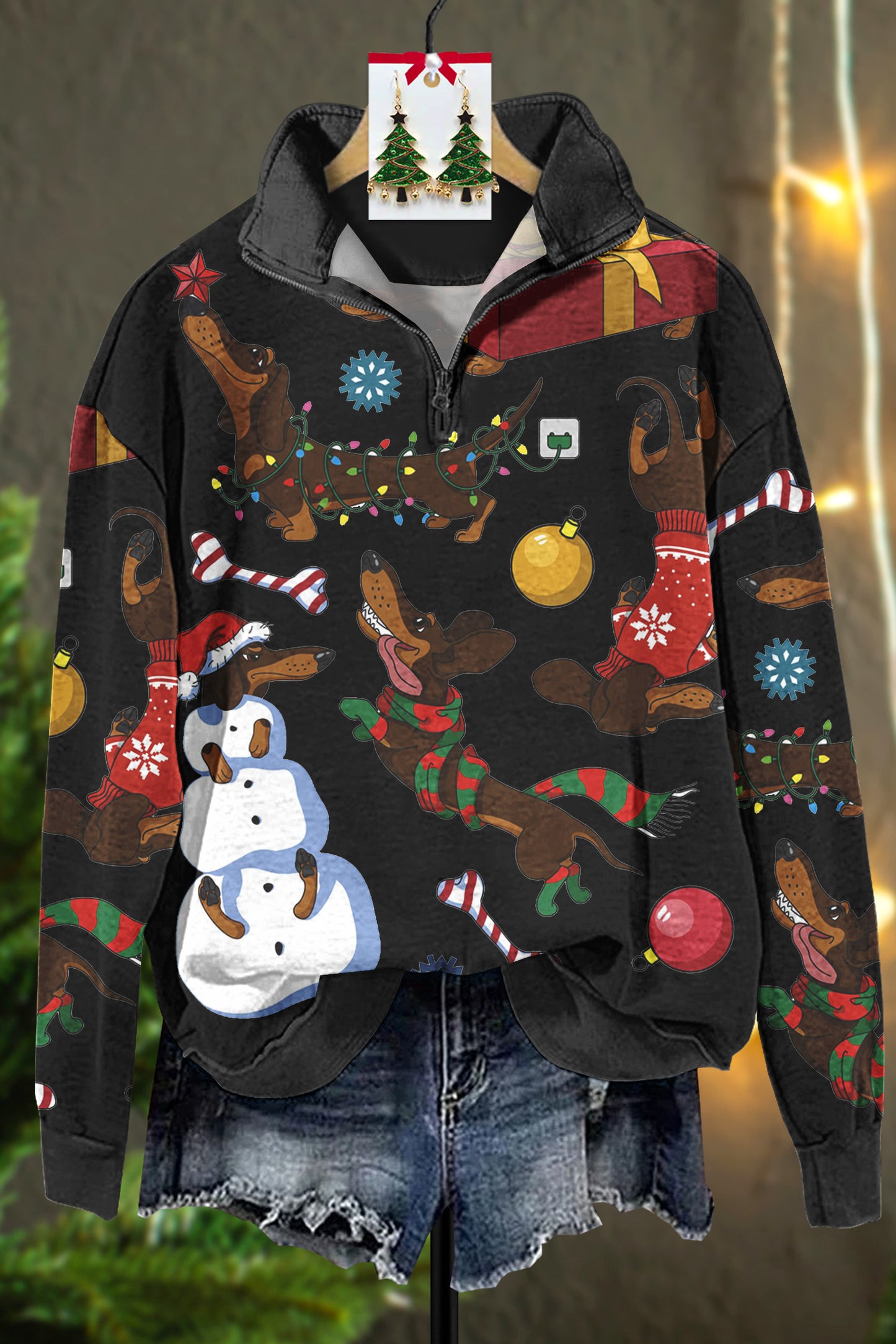 Christmas Play Dachshund Print Zip Sweater