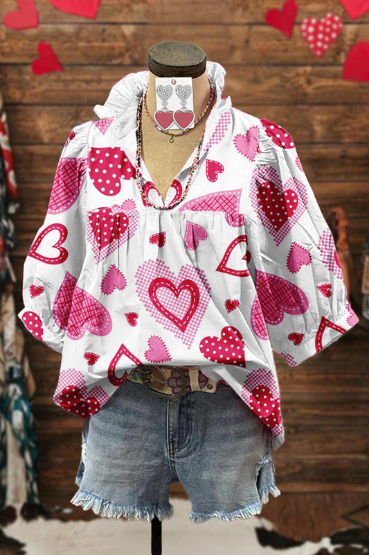 Classic Valentine's Day Heart Print Puff Sleeve Blouse