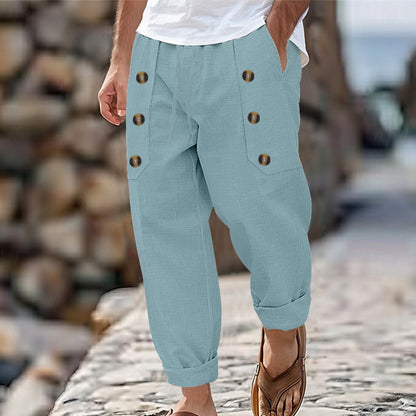 Men's Casual Hawaii Beach Multi Button Cotton Linen Trousers