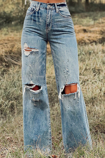 Vintage Washed Ripped Wide Leg Jeans