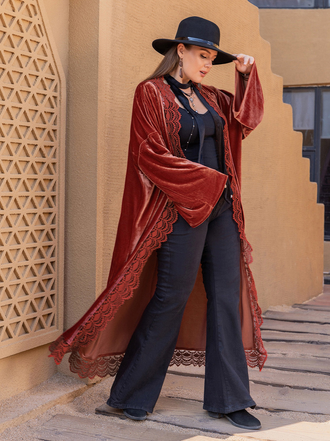 Lightweight Velvet Plus Size Lace Detail Long Sleeve Cardigan Duster