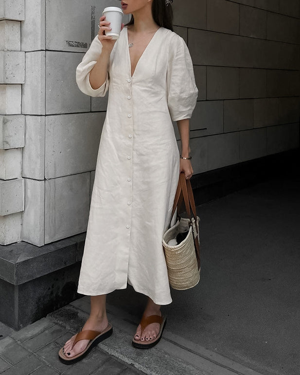 Cotton and Linen V Neck Puff Sleeve Backless Dress