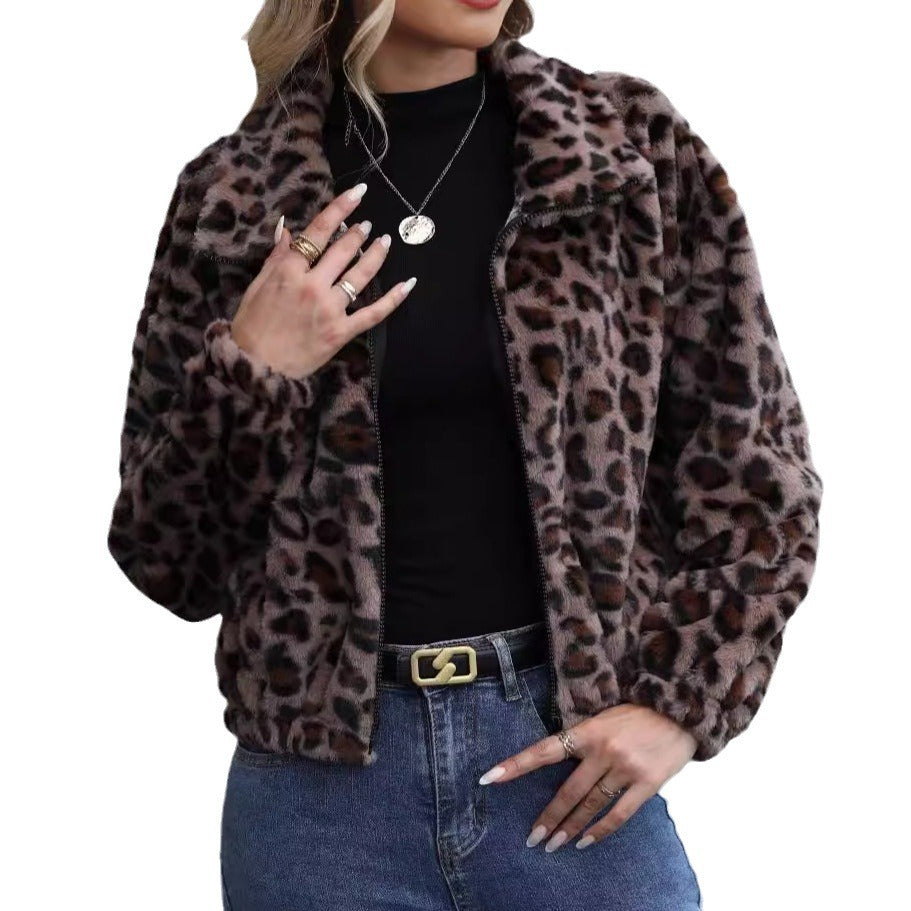 Women's Loose Zipper Long Sleeve Leopard Print Plush Jacket