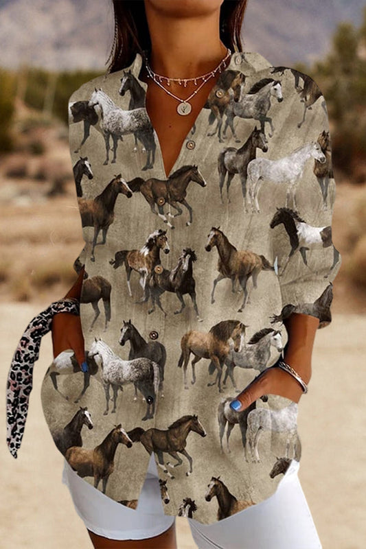 Women's Vintage Western Horse Print Long Sleeve Shirt