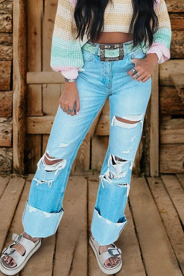 Ripped Washed Wide-Leg Jeans