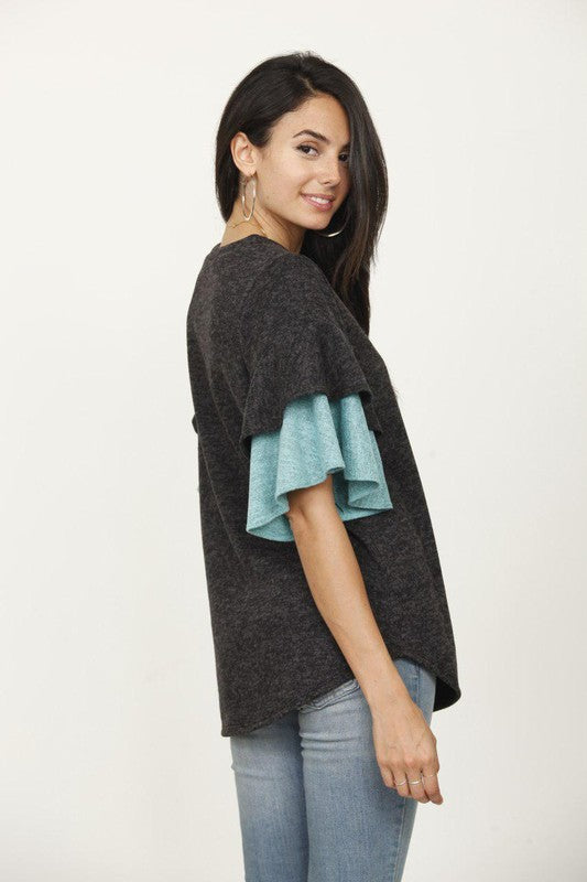 Plus Color Block Sleeve Ruffle Knit Top  choice of colors