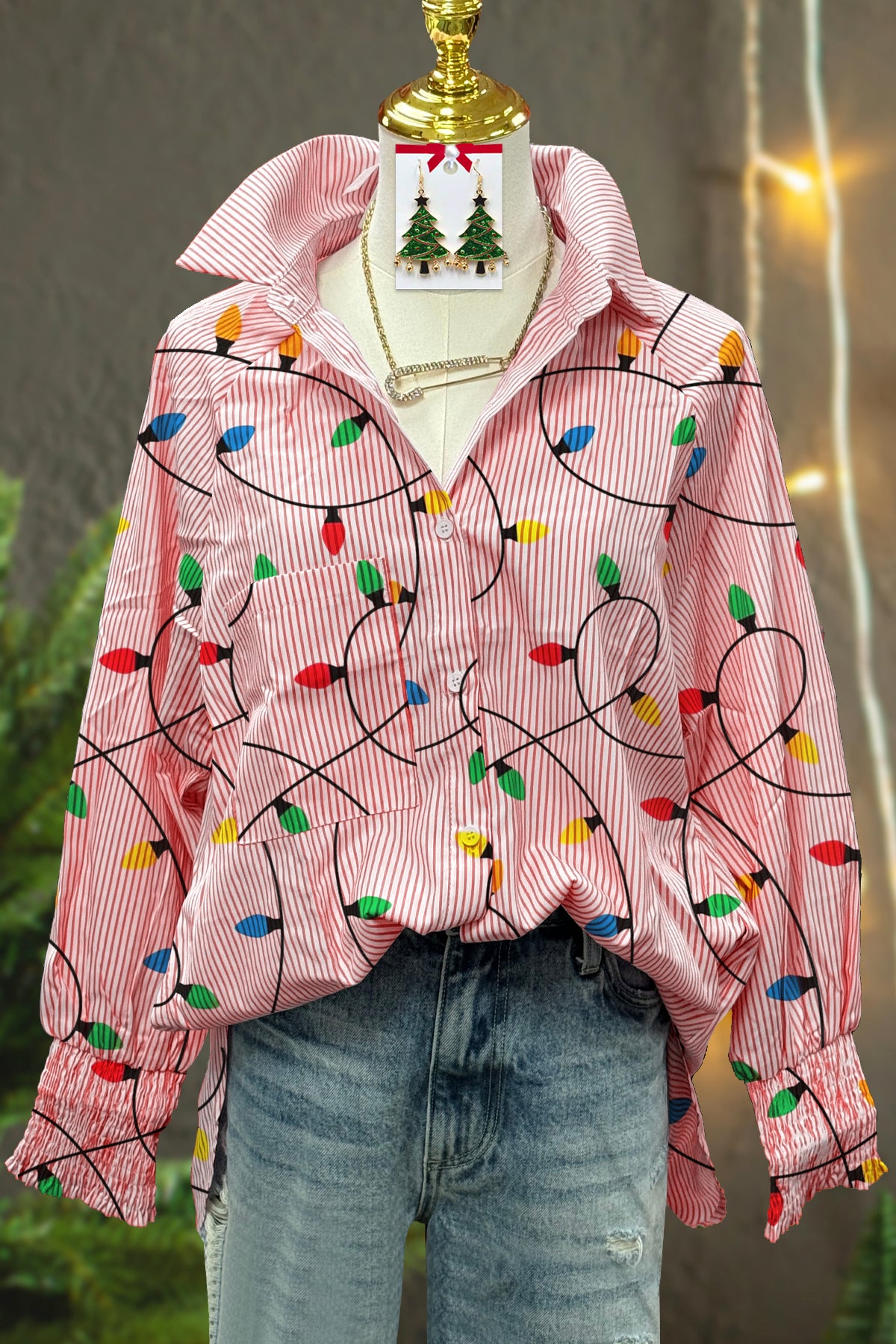 Classic Christmas Lights Stripe Print Shirt