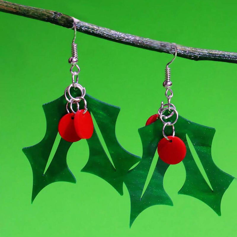 Christmas Tree Leaf Berry Earrings