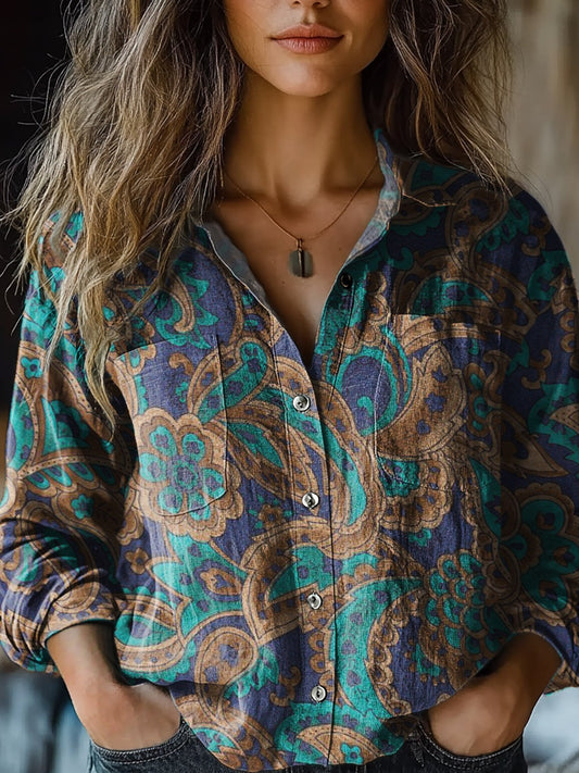 Women's Vintage Teal Paisley Floral Print Casual Long Sleeve Comfortable Cotton Shirt