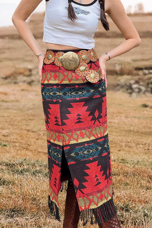 Aztec Printed Slit Maxi Skirt