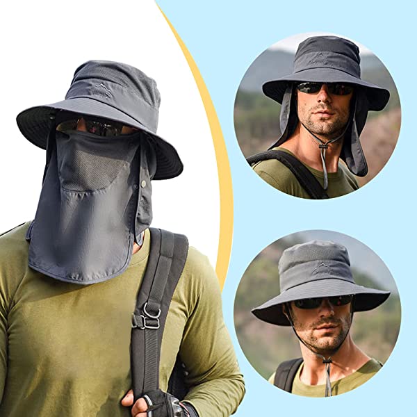 Fishing Hat for Men & Women, Outdoor UV Sun Protection Wide Brim Hat with Face Cover & Neck Flap Army Green