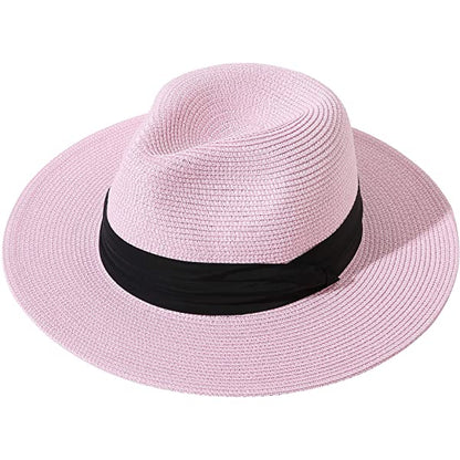 Wide Brim Straw Panama Roll up Hat Belt Buckle Fedora Beach Sun Hat