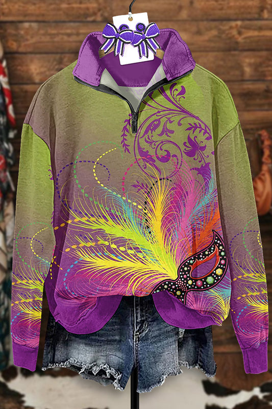 Vintage Mardi Gras Print Zip-Up Sweatshirt