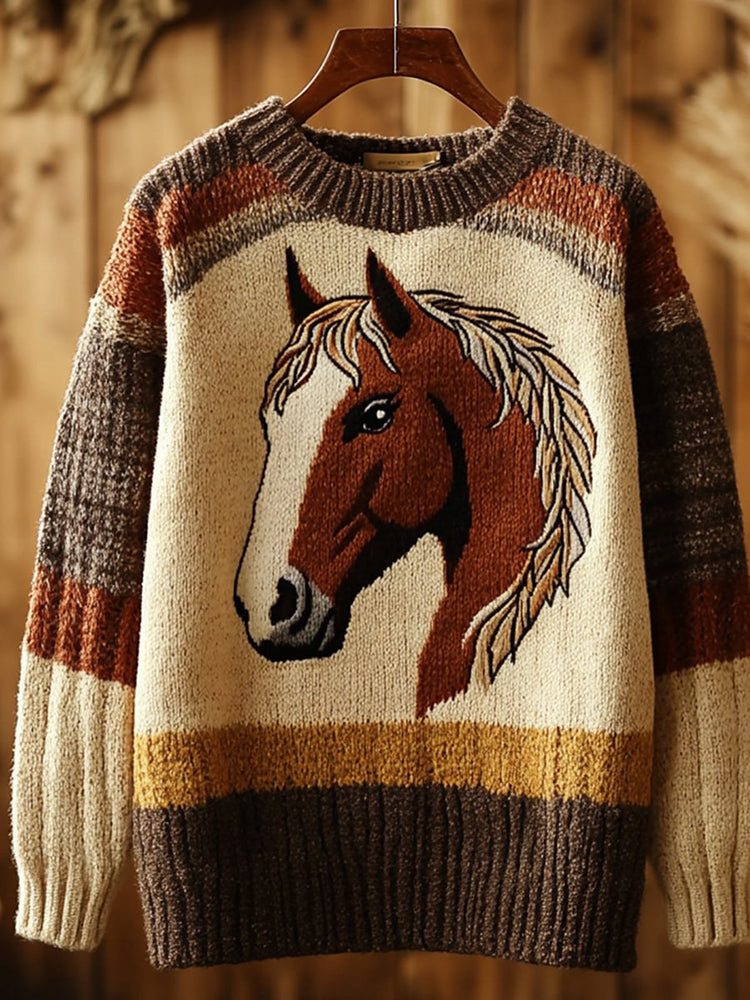 Vintage Horse Print Long Sleeve Knitted Pullover Sweater