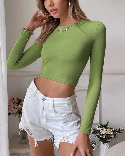 Backless Casual Short Slim Fit Knitted Long-Sleeved T-Shirt Top