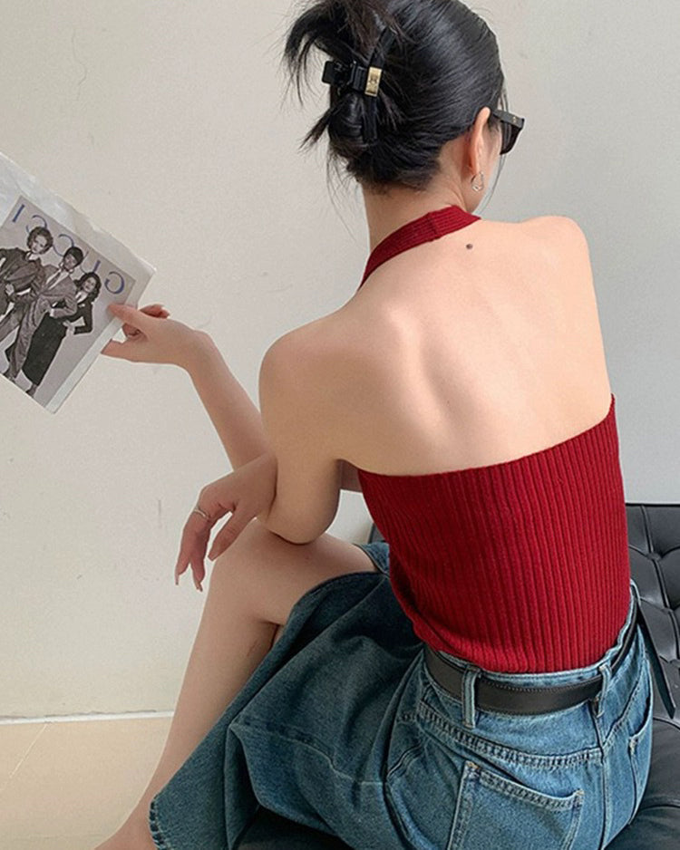 Halterneck Sleeveless Knitted Backless Tank Top