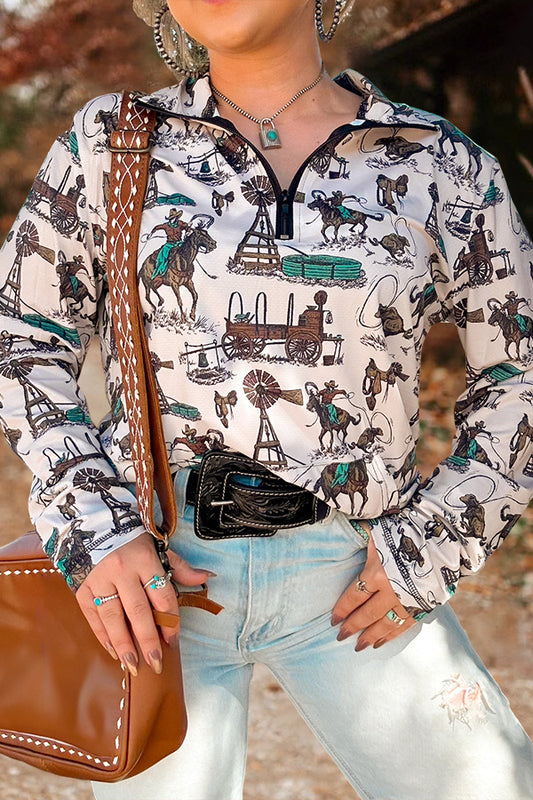 Retro Western Rodeo Print Zip-Up Sweatshirt