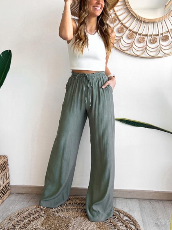 Women's Casual Stretch Drawstring Solid Color Wide Leg Pants