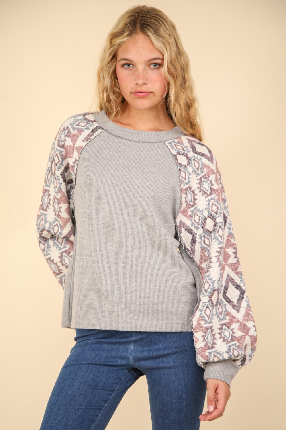 Aztec Printed Long Sleeve Round Neck Knit Top