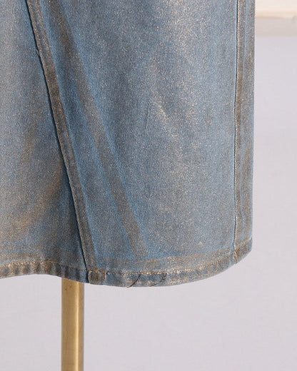 High Waist Hot Stamping A-Line Denim Skirt