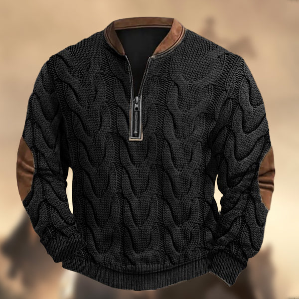 Men's Vintage Western Knit Print Zipper Stand Collar Casual Sweatshirt