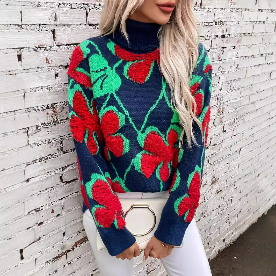 3D Flocked Flower Pattern Sweater For Women Autumn And Winter Lapel Knitted Sweater Top