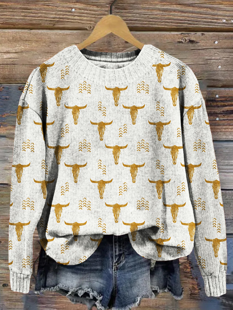 Vintage Western Bull Skull Graphic Cozy Knit Sweater