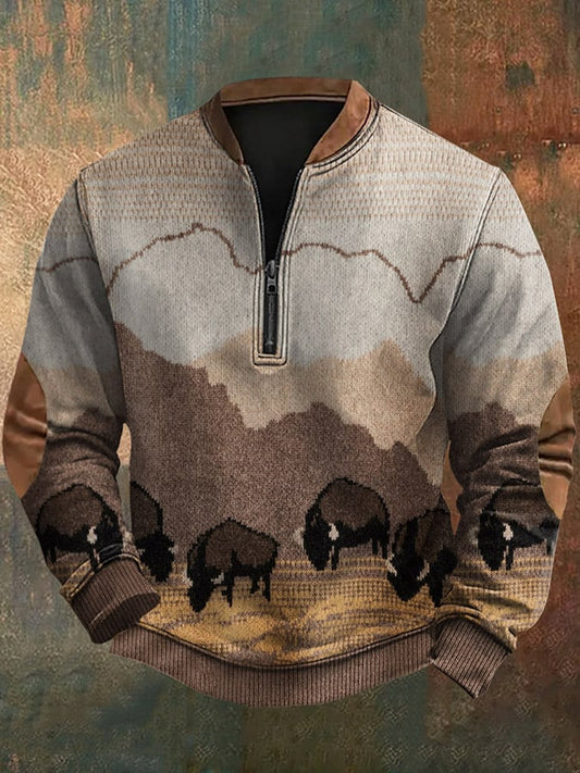 Men's Vintage Western Knit Print Zip-Neck Sweatshirt