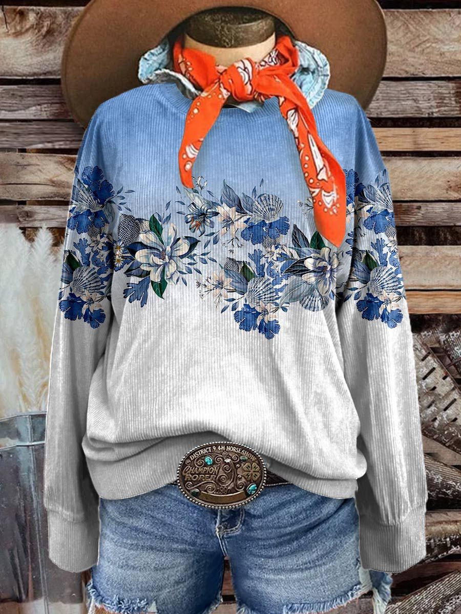 Women's Flower Casual Print Corduroy Sweatshirt