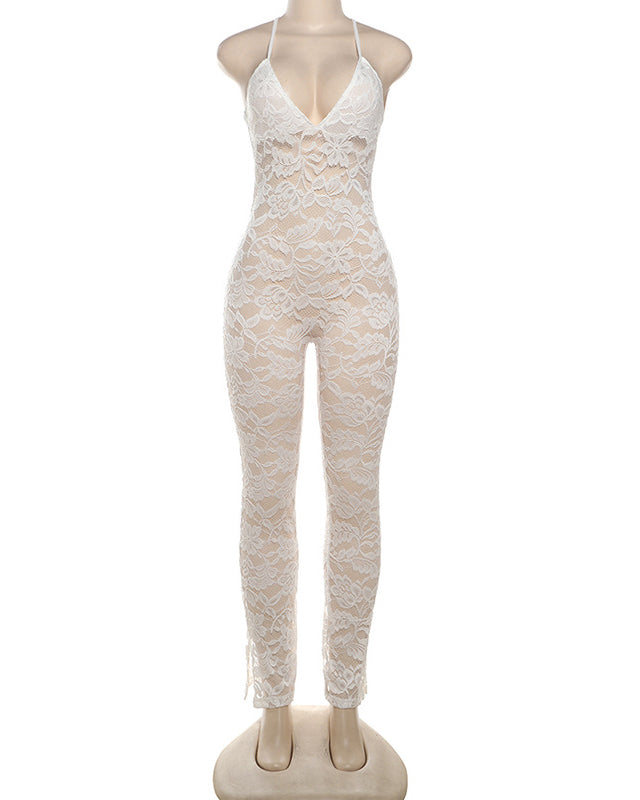 Deep V Halter Back Lace See Through Jumpsuit