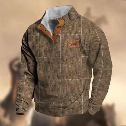 Men's 100% Cashmere Western Elk Hunting Vintage Herringbone Print Stand Collar Button-Down Sweatshirt