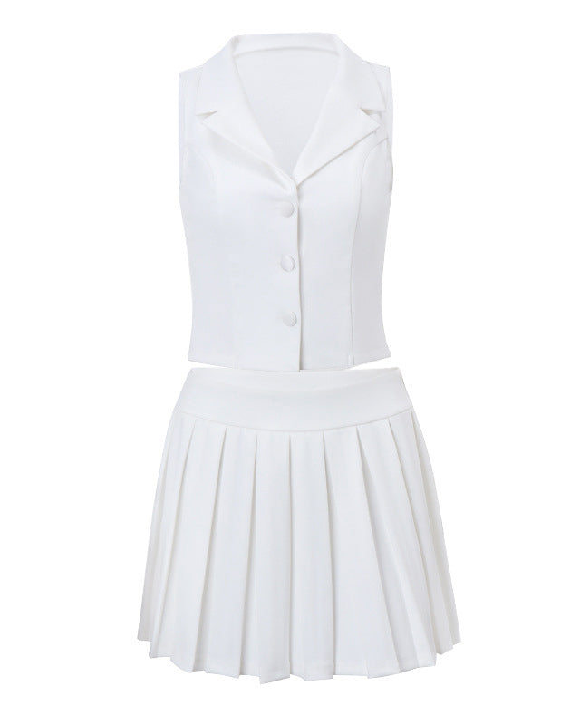 V-Neck Vest Slim Pleated Skirt Suit