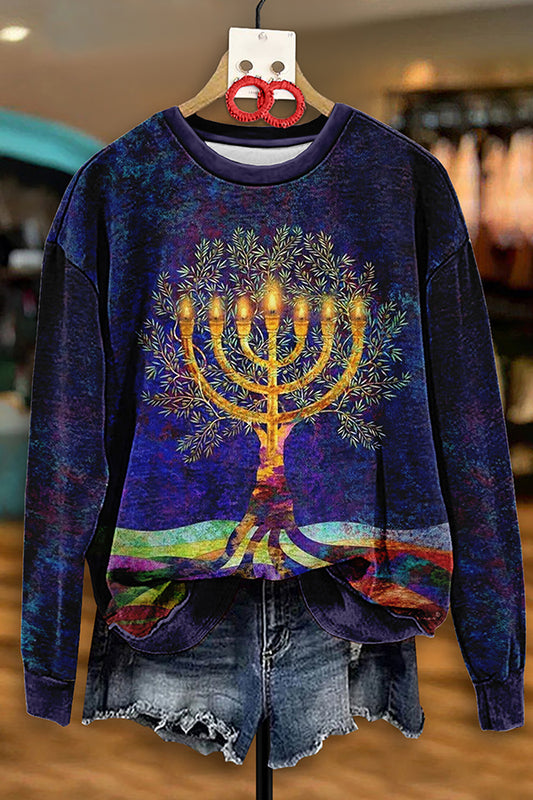 Vintage Hanukkah Menorah Print Sweatshirt