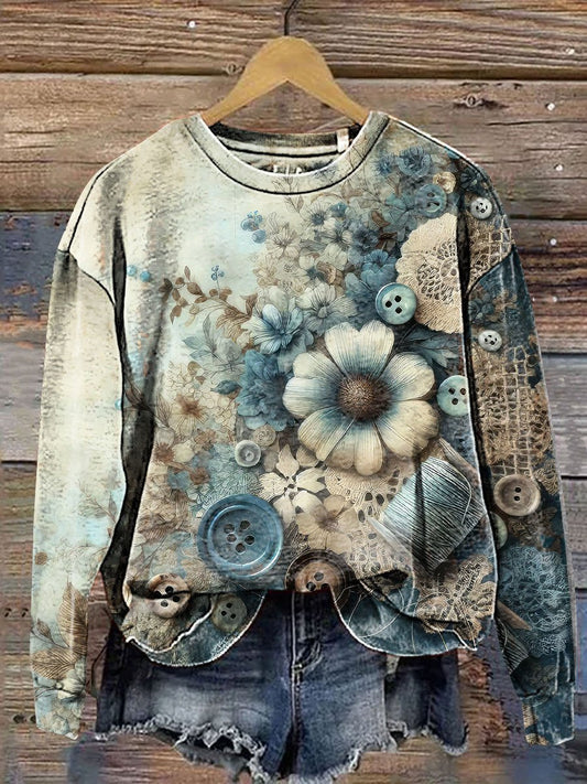 Vintage Azure Floral Needlework Art Print Casual Sweatshirt