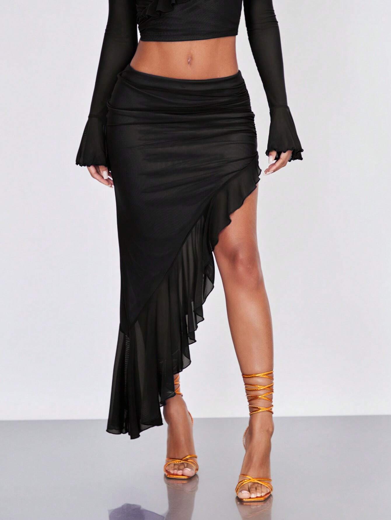 Solid Color Asymmetrical Ruffle Skirt