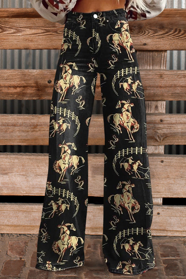 Vintage Printed Casual Wide Leg Pants