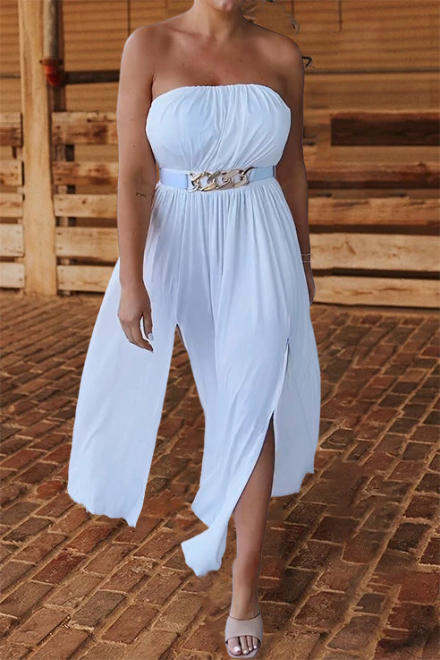 Off-the-shoulder Belt Slit Maxi Dress