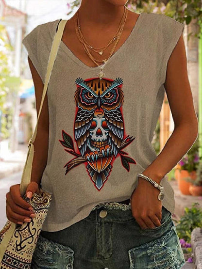 Vintage Owl Tattoo Printed Sleeveless Tank Top