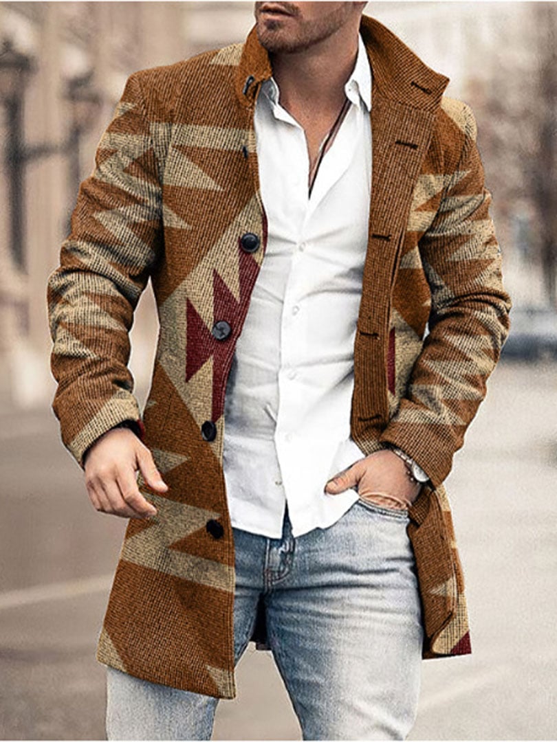 Men's Retro Buttoned Stand Collar Printed Woolen Jacket