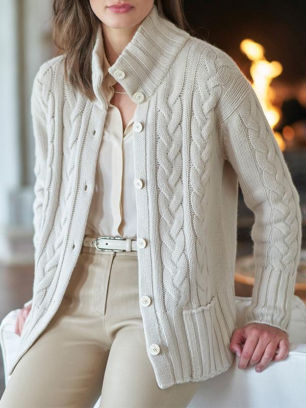 Women's Knitted Stand Collar Long Sleeve Casual Jacket