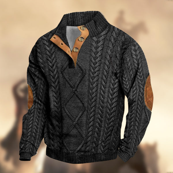 Men's Casual RetroWestern Knitt Prints Stand Collar Button Sweatshirt