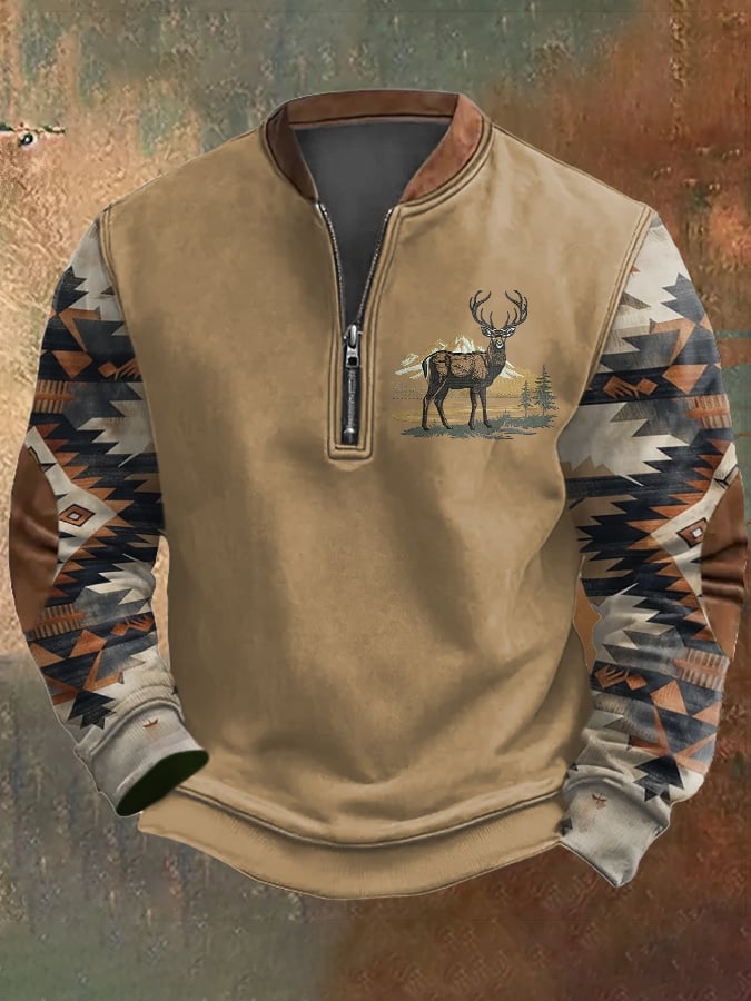 Men's Retro Distressed Deer Zip Collar Sweatshirt